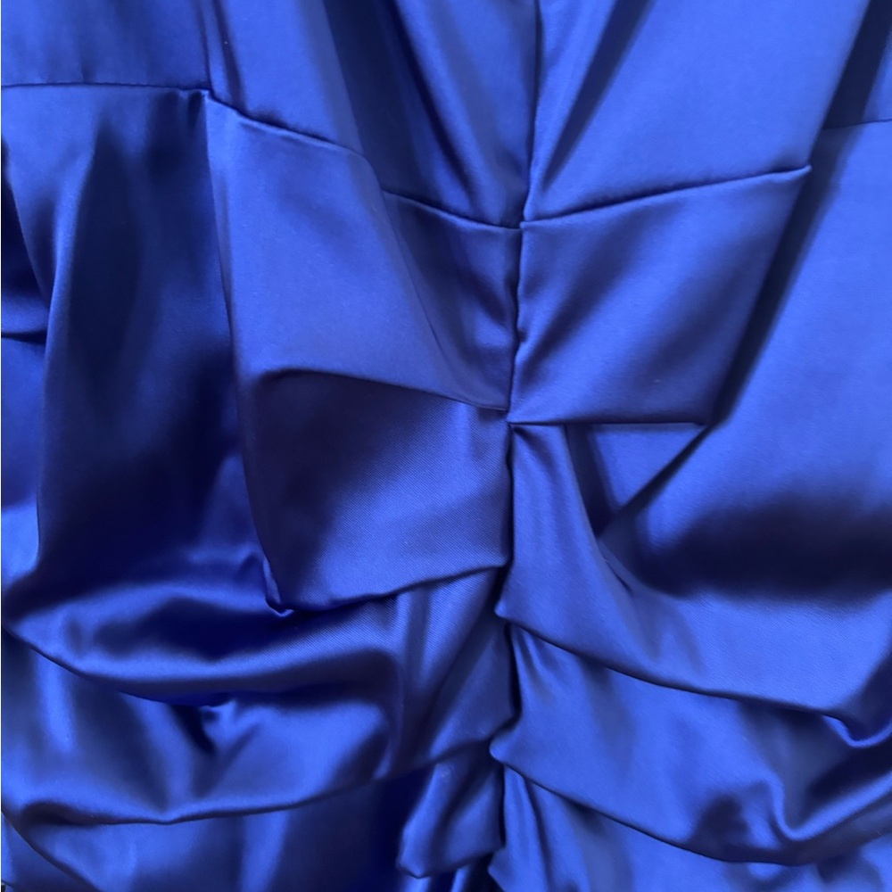 Suzi Chin for Maggy Boutique Cobalt Blue Satin Ruched Midi Dress - Picture 2 of 10